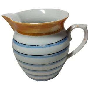 Vintage Lusterware Pitcher Peach‎ Black White Blue Striped PJ Czechoslovakia SEE